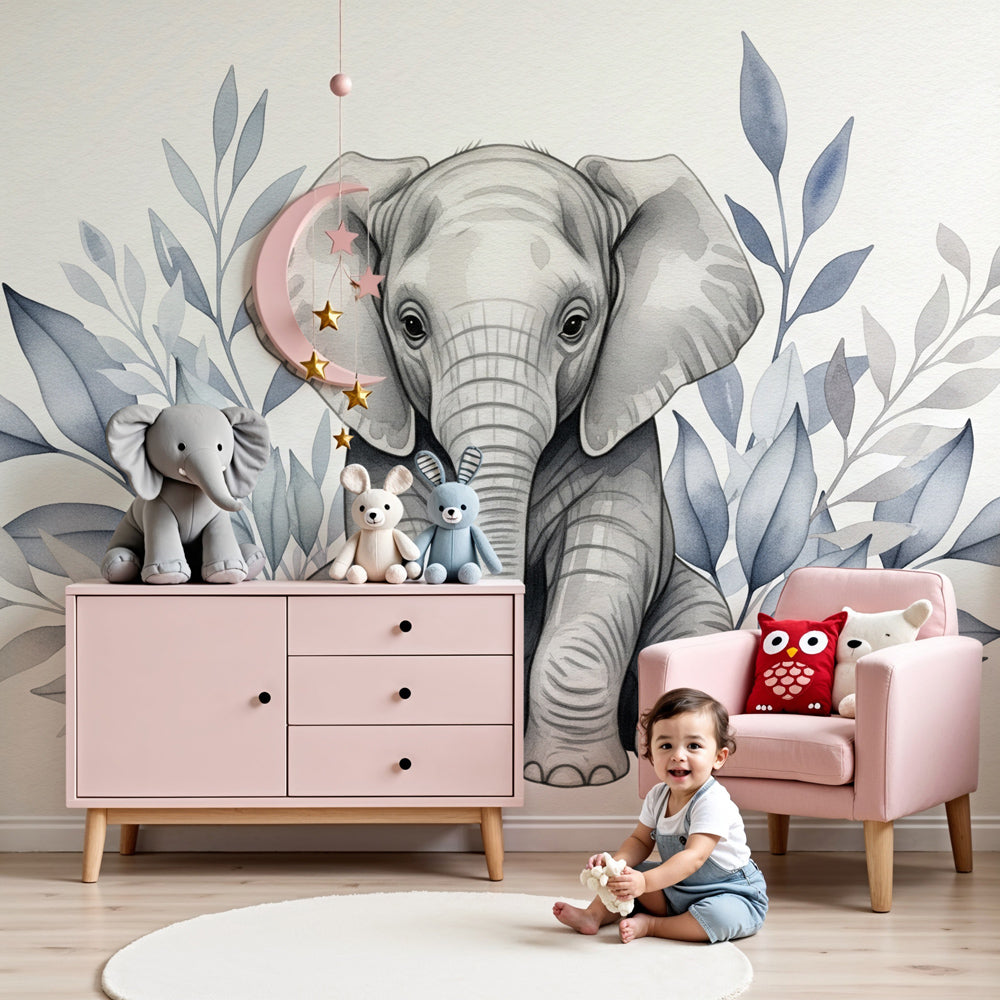 Cute elephant mural wallpaper with botanical foliage in modern nursery room by Kids-Mundo