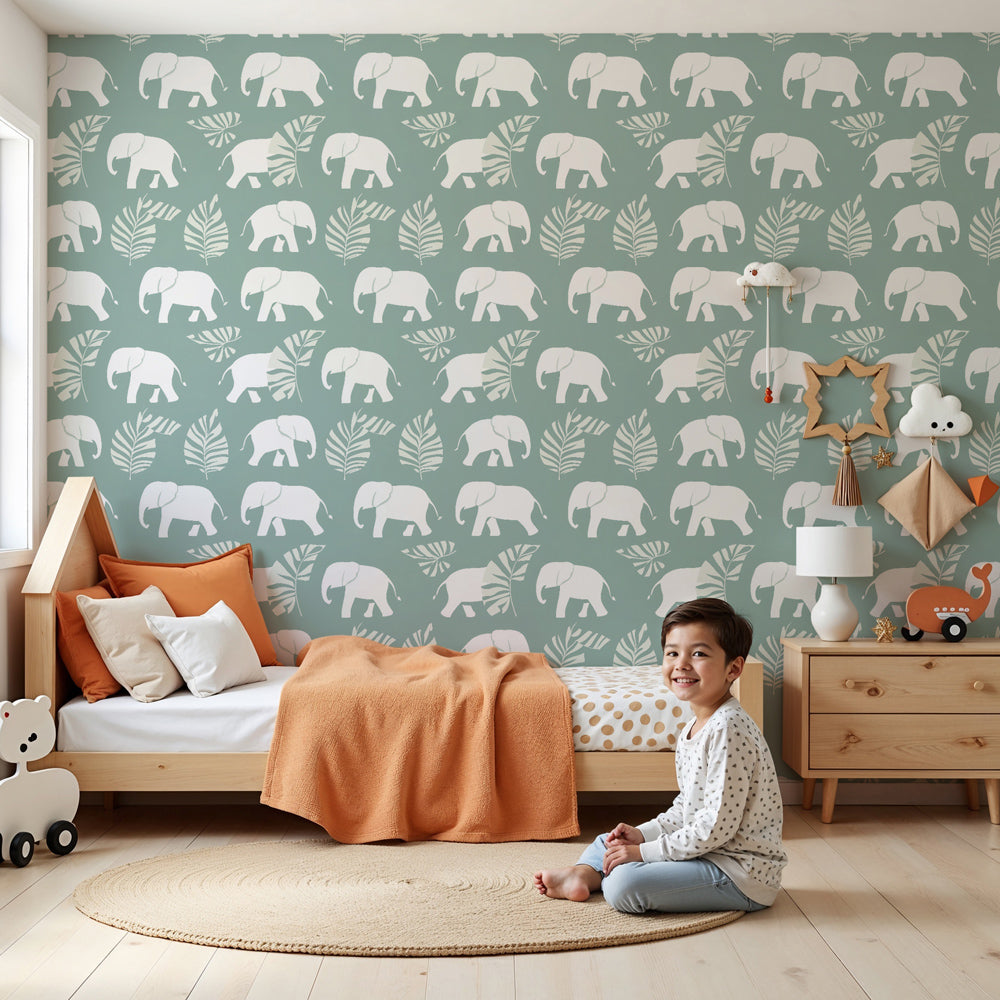 White elephant mural wallpaper with tropical foliage in modern nursery room by Kids-Mundo