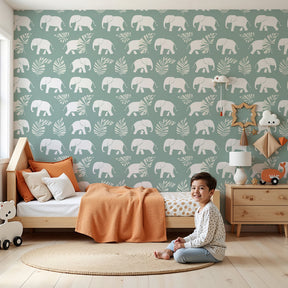 White elephant mural wallpaper with tropical foliage in modern nursery room by Kids-Mundo