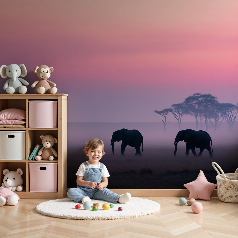 Elephant mural wallpaper with sunset savanna theme in modern nursery by Kids-Mundo