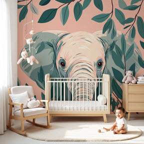 Elephant tropical leaves mural wallpaper in soft pink nursery with wooden crib by Kids-Mundo