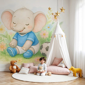 Playful elephant soccer mural wallpaper creating cheerful nursery decor by Kids-Mundo