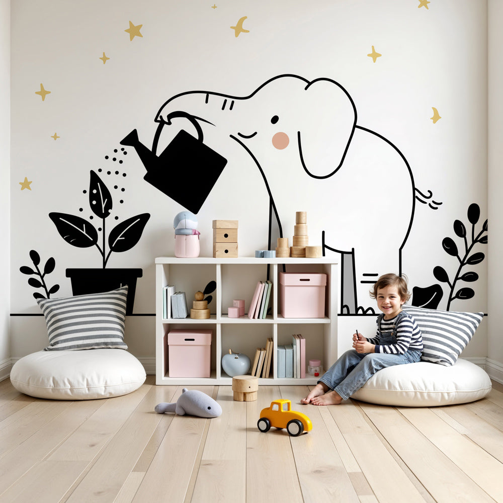 Elephant garden mural wallpaper in modern baby nursery with natural wood crib by Kids-Mundo