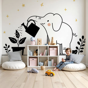 Elephant garden mural wallpaper in modern baby nursery with natural wood crib by Kids-Mundo