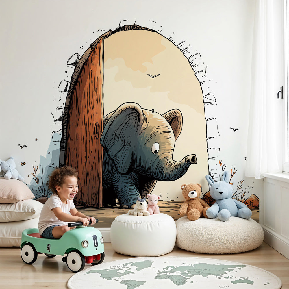 Curious baby elephant mural wallpaper in modern nursery with wooden crib by Kids-Mundo