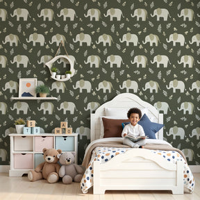 Cute elephant mural wallpaper creating peaceful safari nursery decor with green olive background by Kids-Mundo