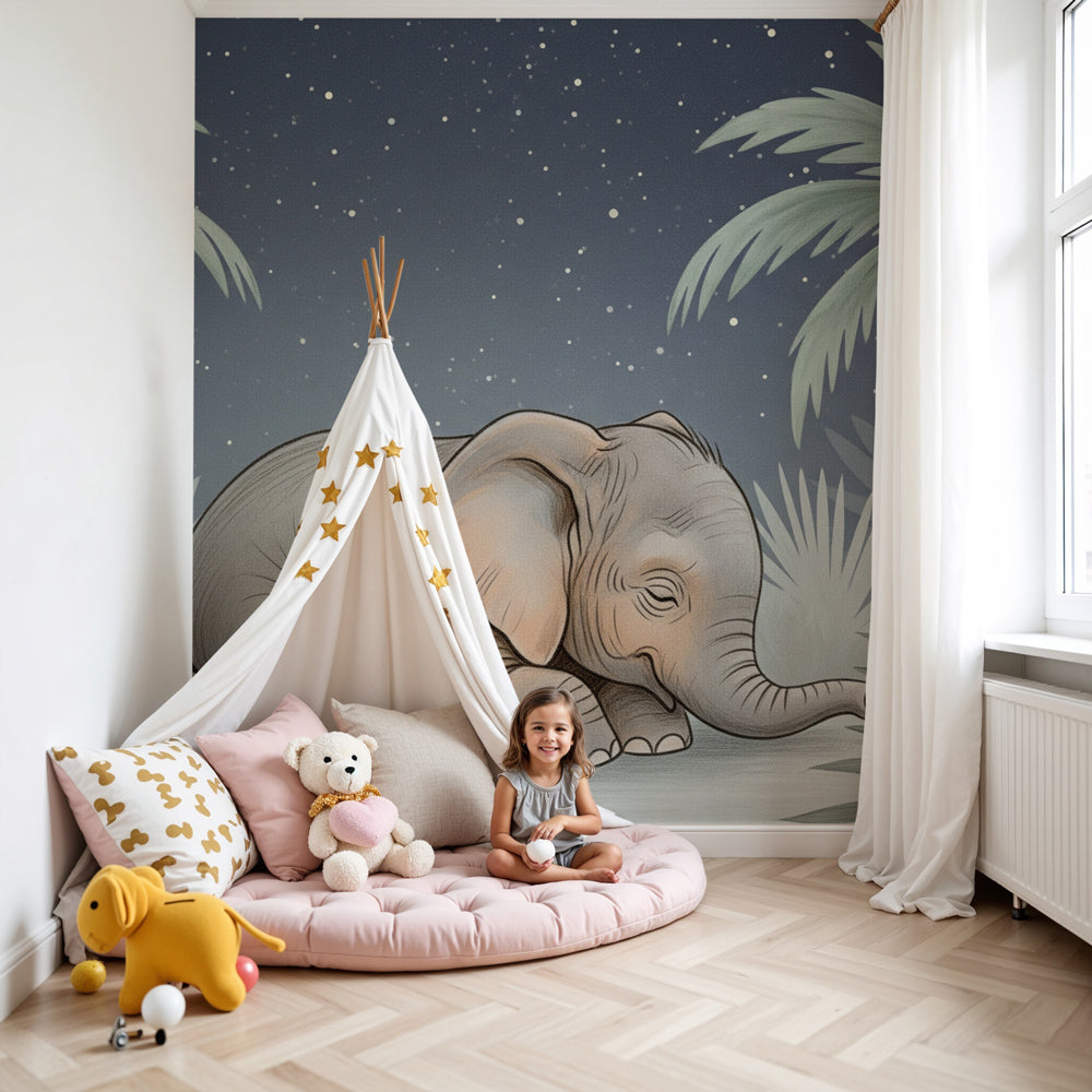 Elephant mural wallpaper creating peaceful nursery decor with starry night safari theme by Kids-Mundo