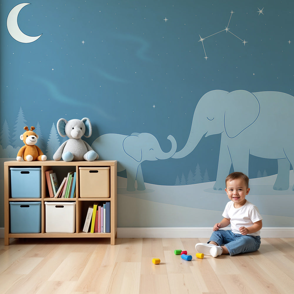 Elephant family mural wallpaper creating peaceful nursery decor with starry night theme by Kids-Mundo