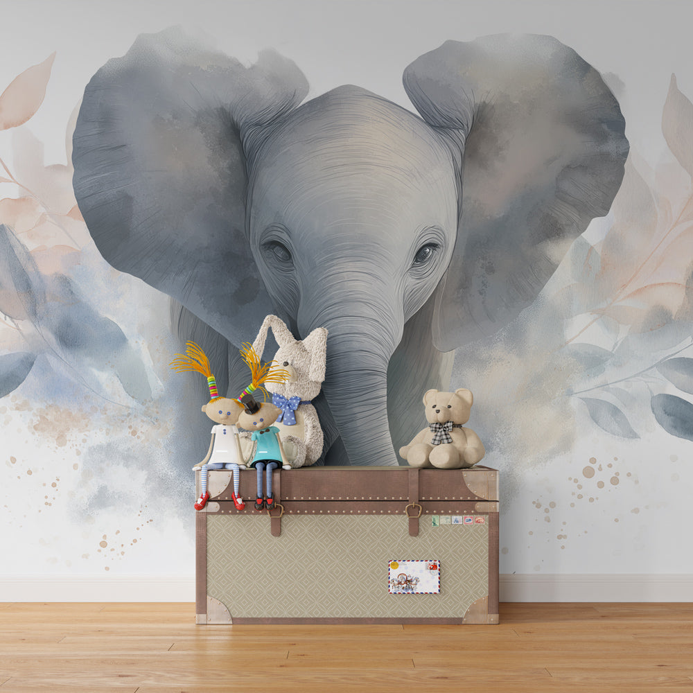 Gentle elephant wallpaper with botanical elements in soft pastel kids room setting