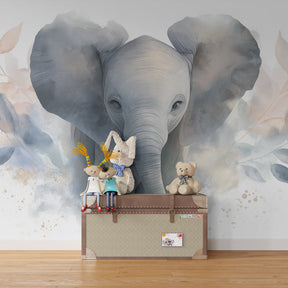 Gentle elephant wallpaper with botanical elements in soft pastel kids room setting