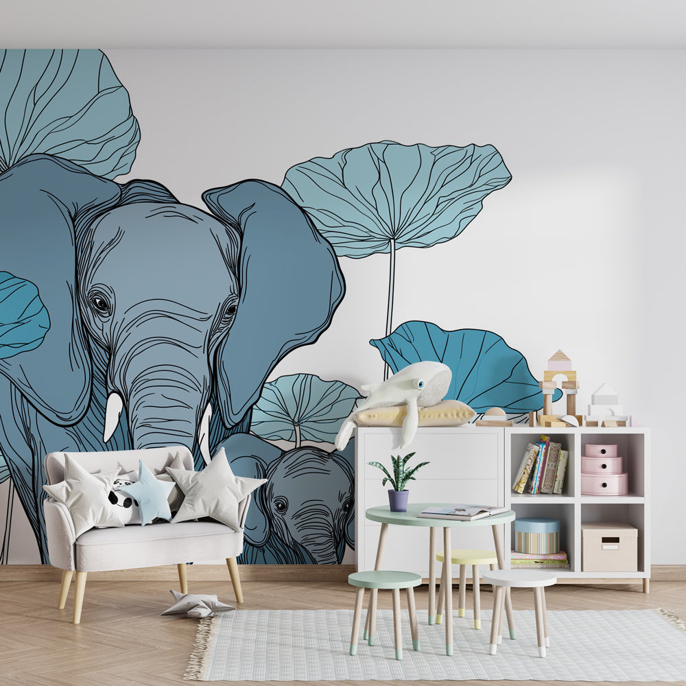 Calming elephant and water lily mural wallpaper for kids room peaceful decor by Kids-Mundo