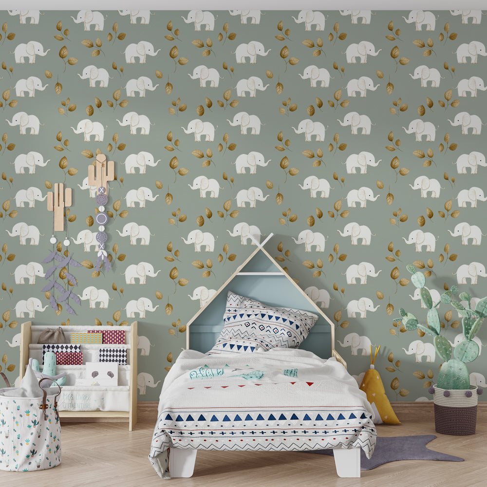 Gentle elephant and golden leaves mural wallpaper in bright kids playroom setting