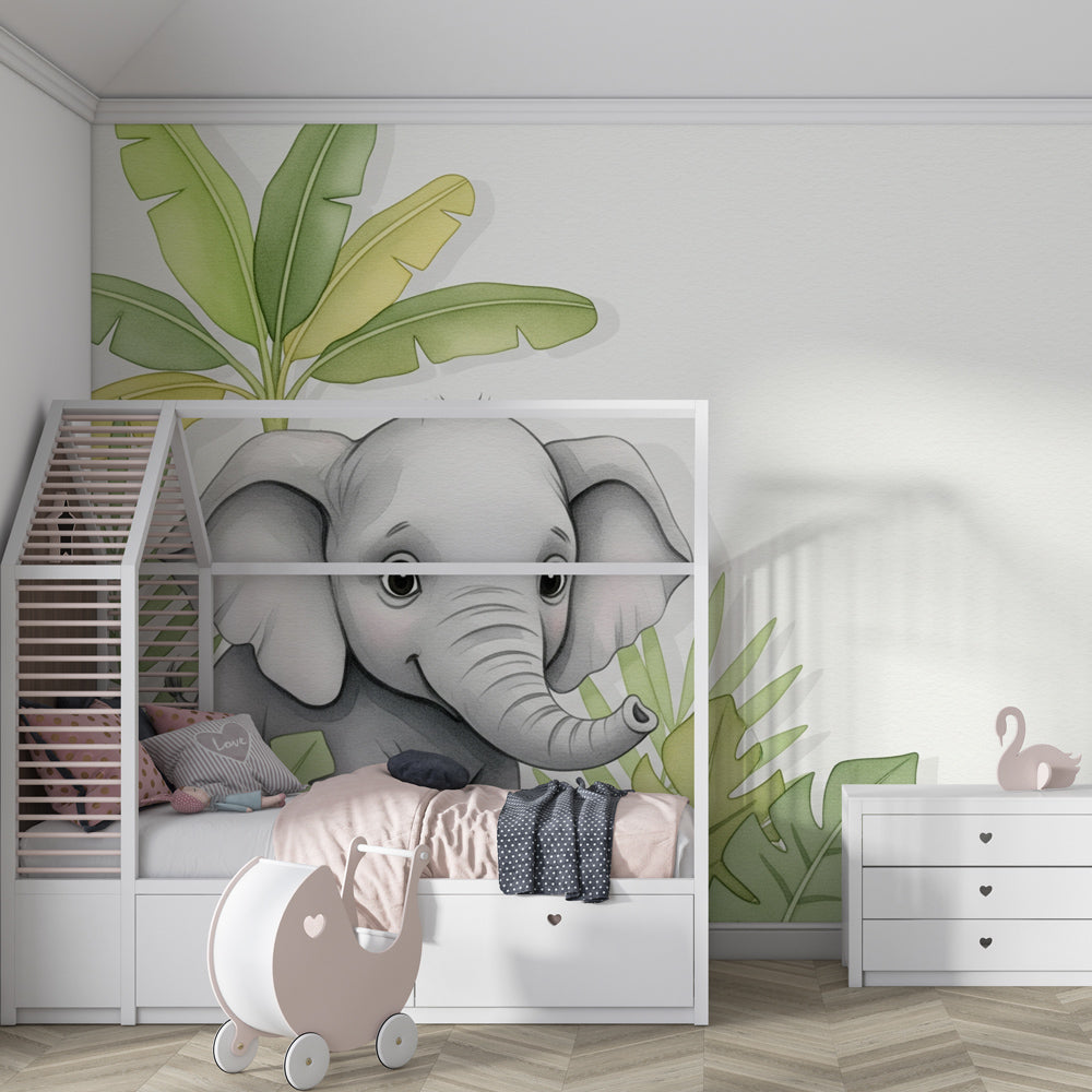 Tropical elephant mural wallpaper transforming playroom into nature sanctuary