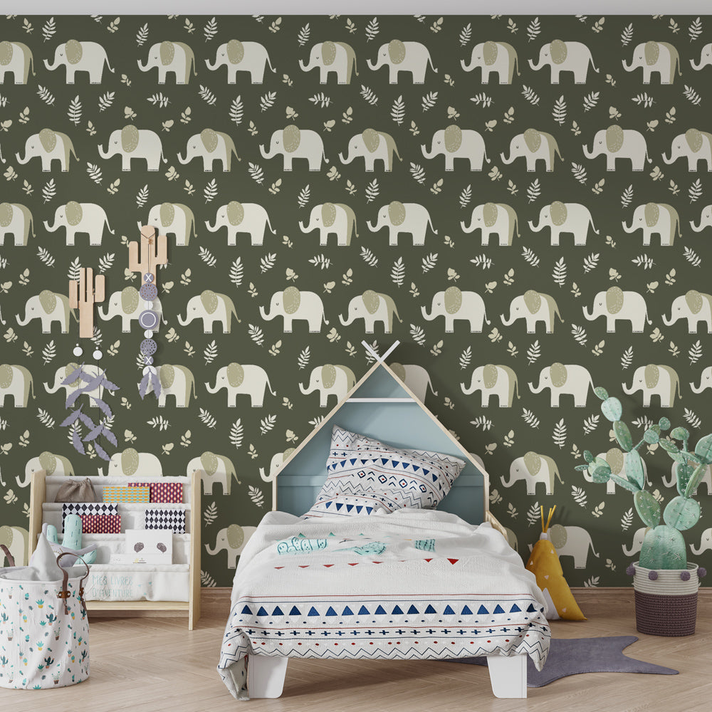 Green olive elephant mural wallpaper transforming kids' playroom into magical safari adventure space