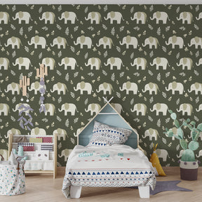 Green olive elephant mural wallpaper transforming kids' playroom into magical safari adventure space