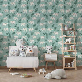 Playful elephant mural wallpaper with botanical elements in children's playroom