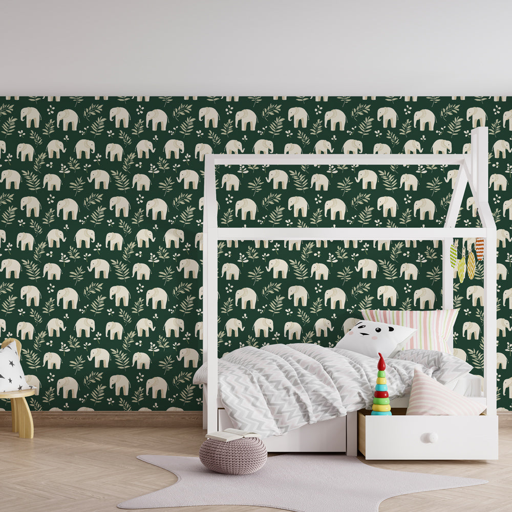 Safari elephant mural wallpaper transforming playroom into wildlife adventure space