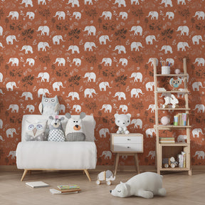 White elephants and flowers mural wallpaper in colorful kids playroom
