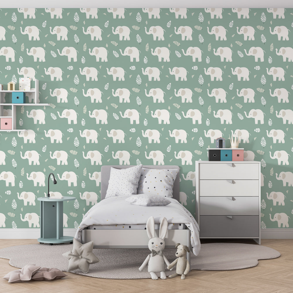 Gentle elephant mural wallpaper in children's playroom with botanical green background