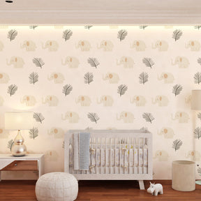 Elephant and foliage mural wallpaper transforming playroom into gentle jungle adventure space
