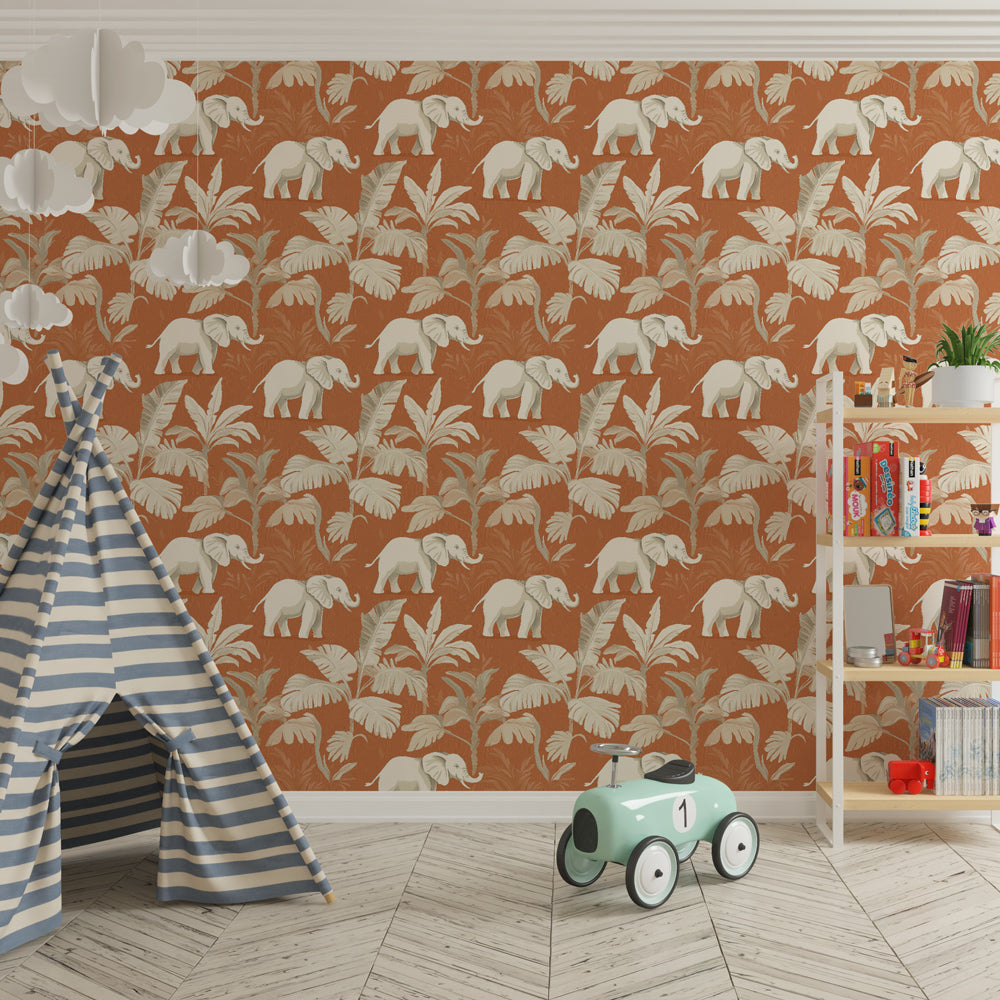 Safari themed elephant mural wallpaper in bright kids playroom setting by Kids-Mundo