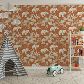 Safari themed elephant mural wallpaper in bright kids playroom setting by Kids-Mundo