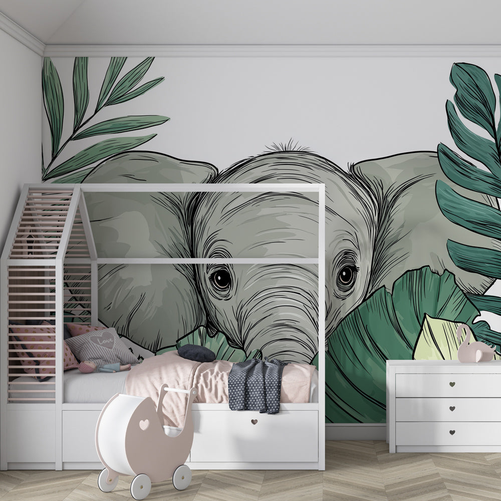Tropical elephant mural wallpaper transforming kids playroom into safari adventure space by Kids-Mundo