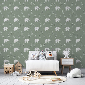Safari elephant mural wallpaper transforming kids playroom with gentle white animals and botanical elements
