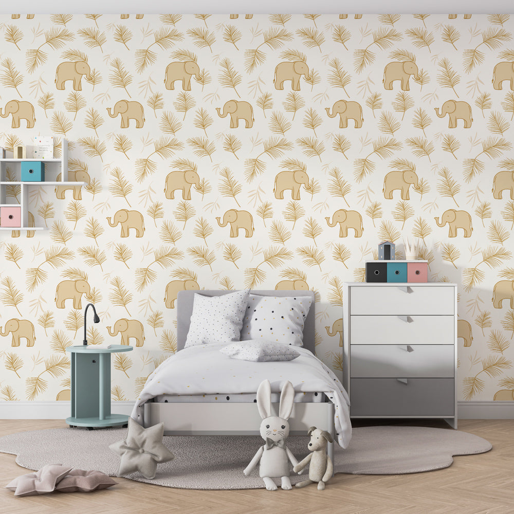 Smiling elephant mural wallpaper creating magical playroom atmosphere with botanical elements
