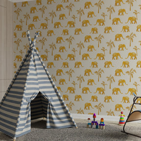 Cream and gold elephant mural wallpaper transforming kids playroom into safari adventure