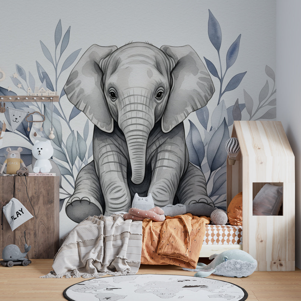 Safari themed elephant wallpaper with natural wood furniture in kids playroom by Kids-Mundo