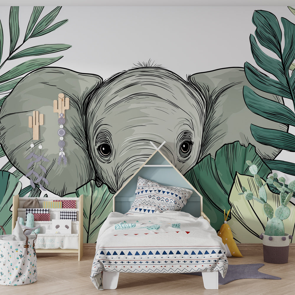 Safari elephant wallpaper creating jungle atmosphere in children's bedroom with wooden furniture