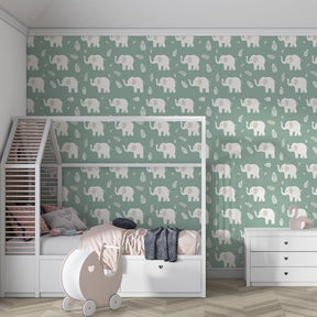Safari elephant wallpaper creating peaceful kids bedroom decor with natural wooden furniture
