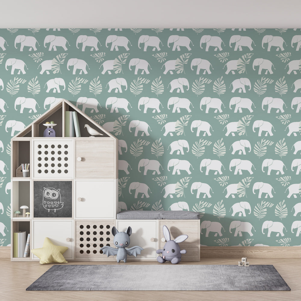 Safari elephant wallpaper creating peaceful kids bedroom with pastel colors and natural decor