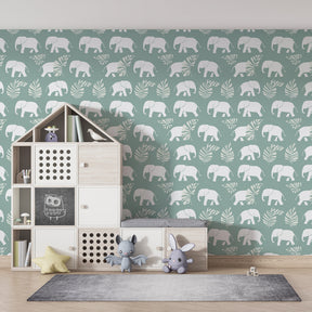 Safari elephant wallpaper creating peaceful kids bedroom with pastel colors and natural decor