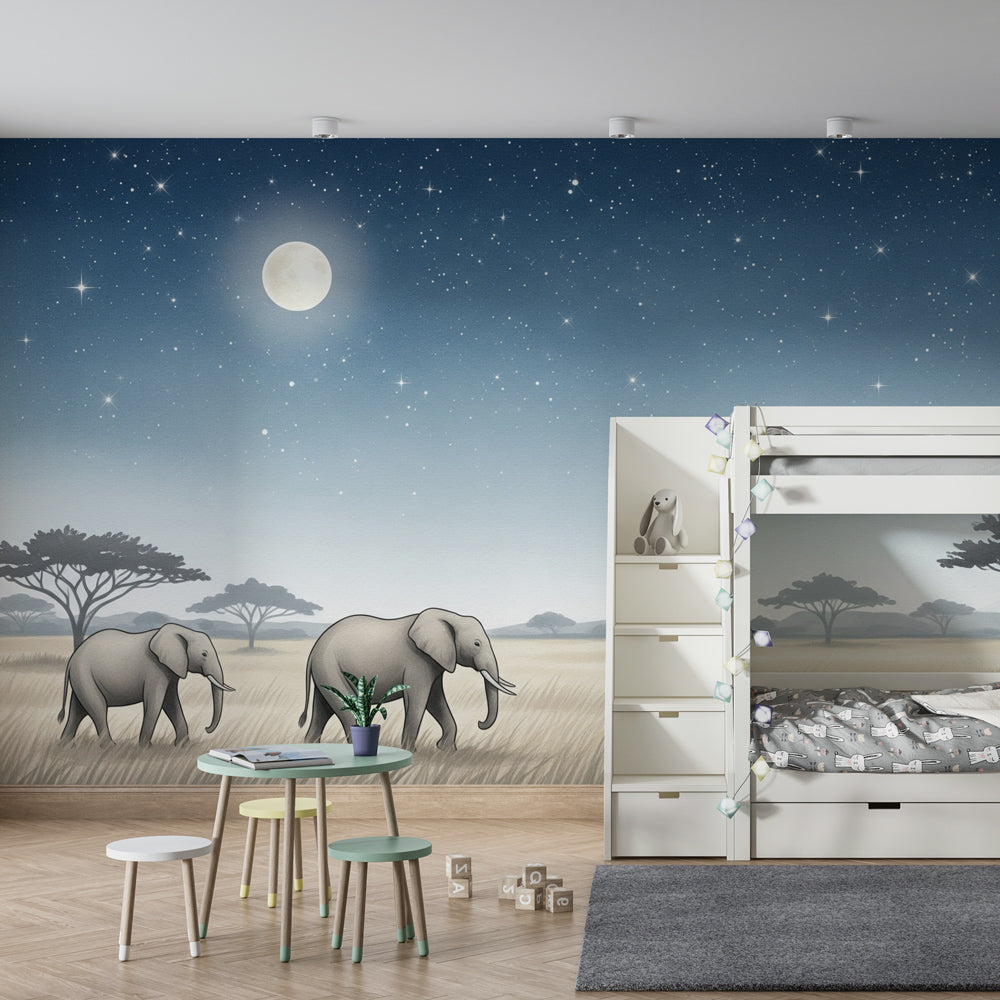 Safari elephant wallpaper creating magical kids bedroom decor with starry night theme