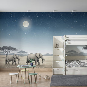 Safari elephant wallpaper creating magical kids bedroom decor with starry night theme