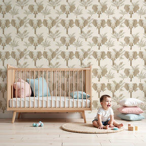 Elephant mural wallpaper creating serene safari atmosphere in modern kids nursery by Kids-Mundo