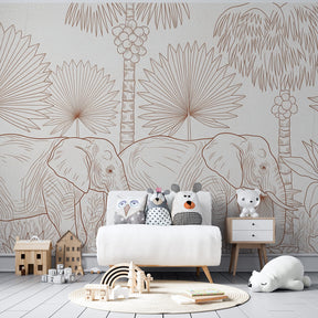 Safari elephant mural wallpaper with tropical foliage for kids room by Kids-Mundo