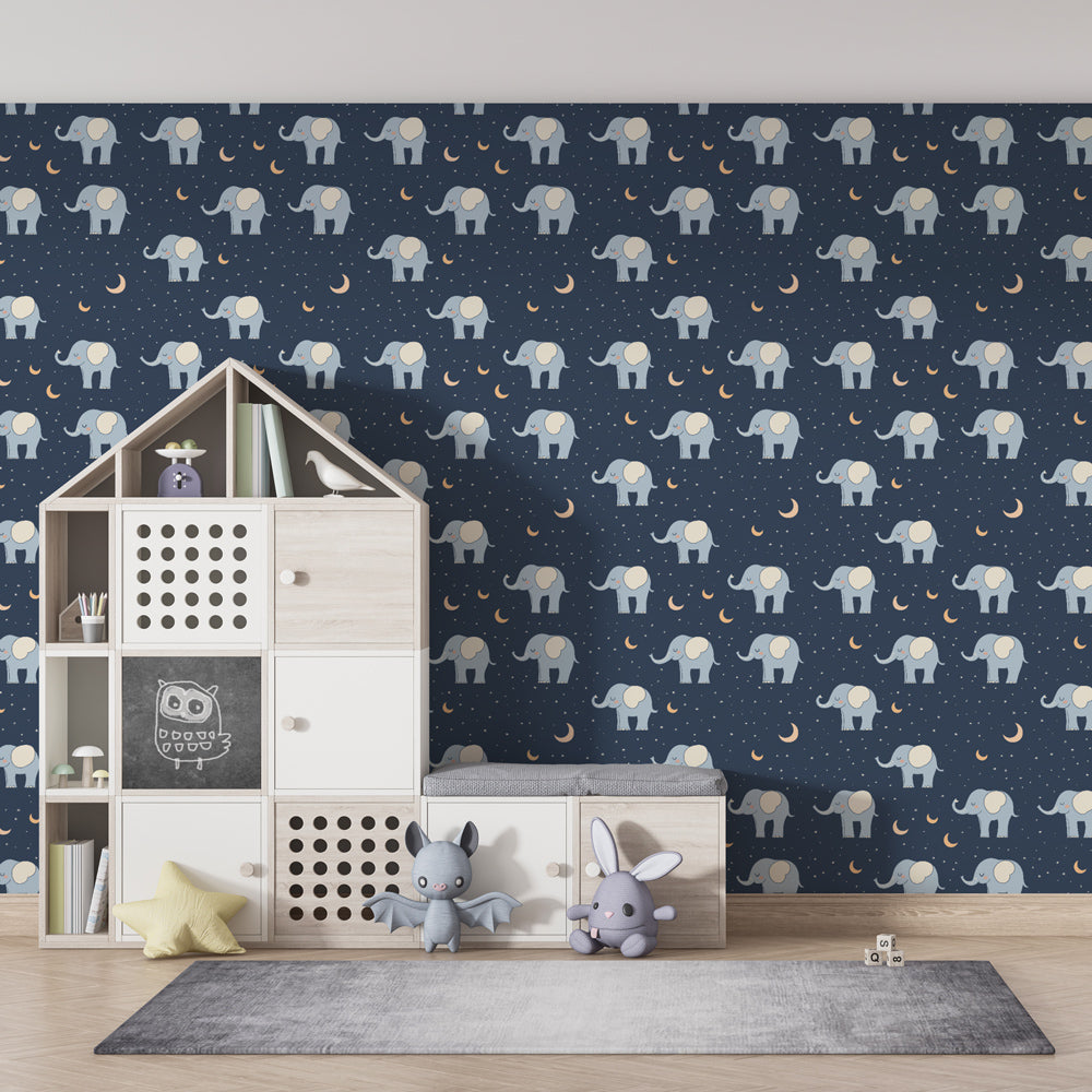 Starry night elephant wallpaper transforming children's bedroom into magical safari space