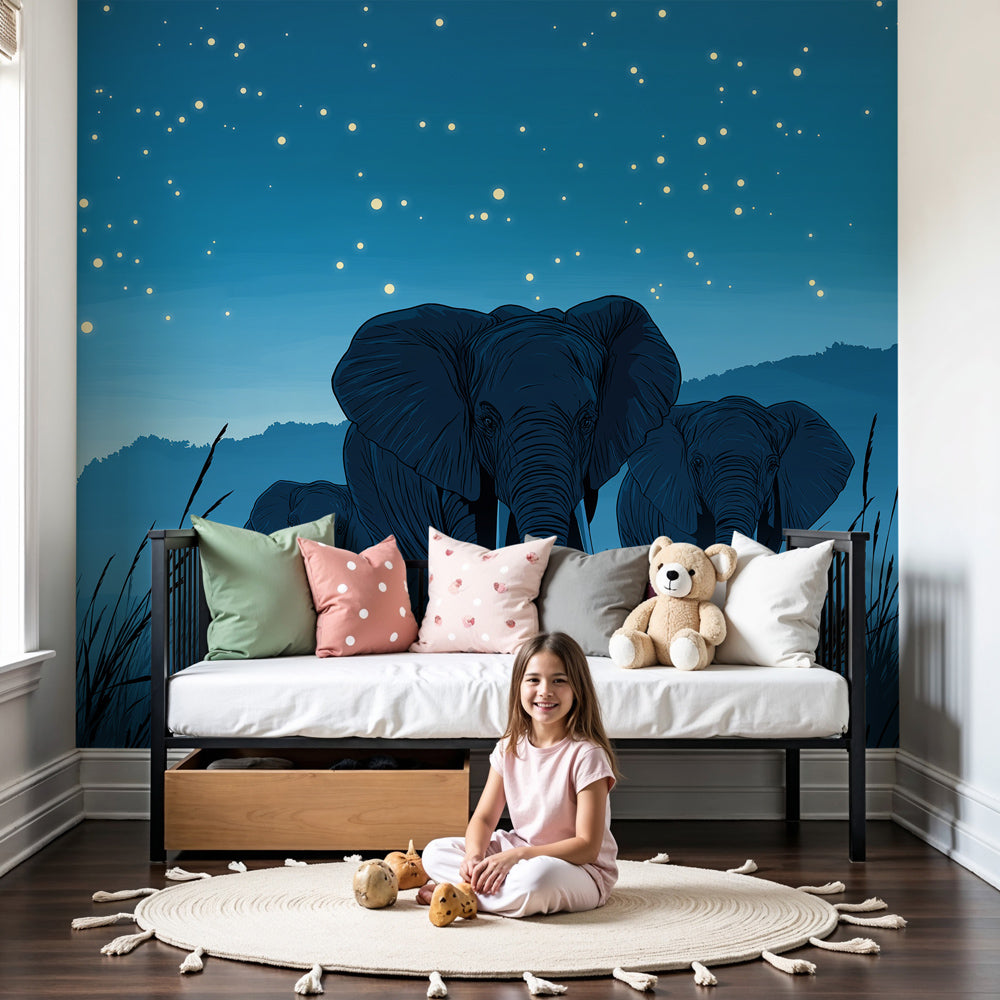 Elephant mural wallpaper with starry night sky in modern nursery room by Kids-Mundo