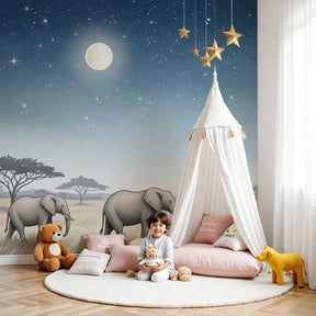 Elephant starry night mural wallpaper in modern nursery with wooden crib by Kids-Mundo