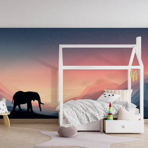 Elegant elephant mural wallpaper with geometric mountains creating dreamy children's room decor