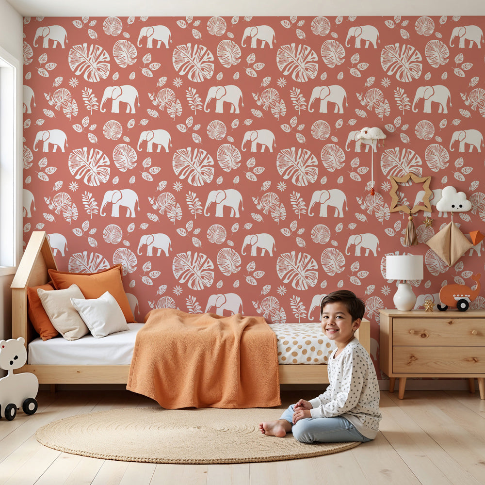 Elephant mural wallpaper with terracotta background creating cozy safari nursery decor by Kids-Mundo