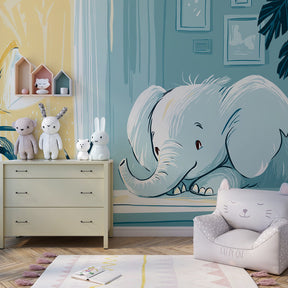 Educational elephant wallpaper creating calm study atmosphere in children's bedroom decor