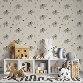 Safari elephant wallpaper in modern kids bedroom with natural decor and peaceful ambiance