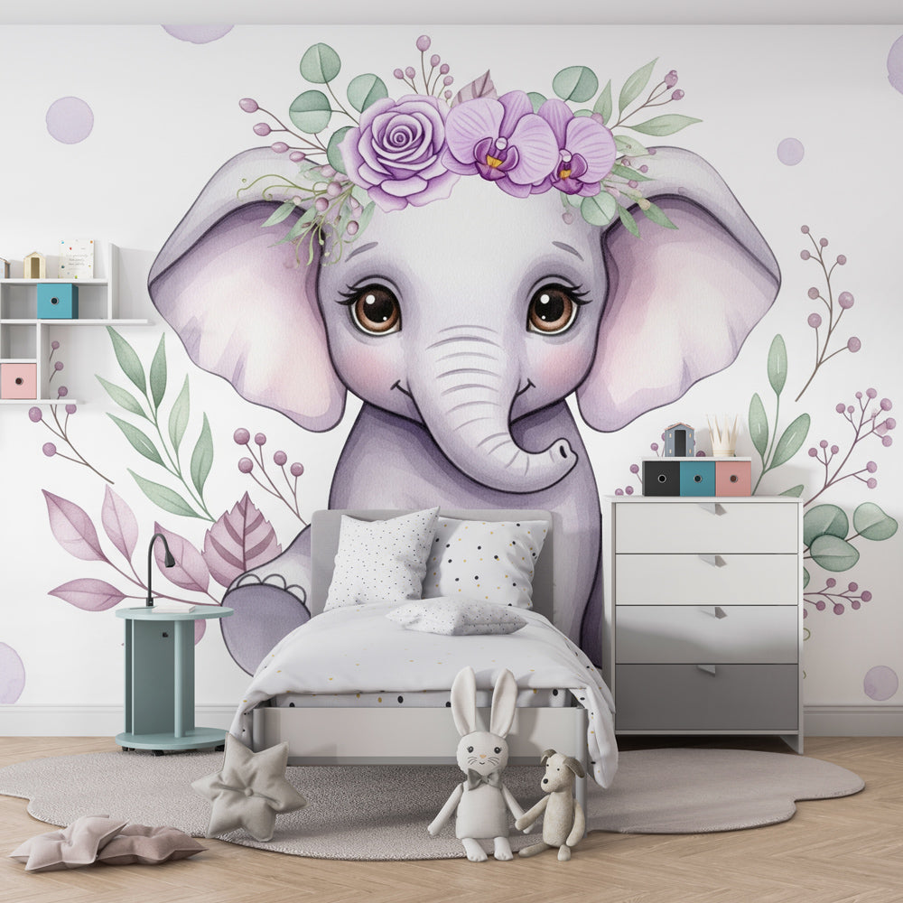 Floral elephant mural wallpaper transforming toddler bedroom with delicate botanical design