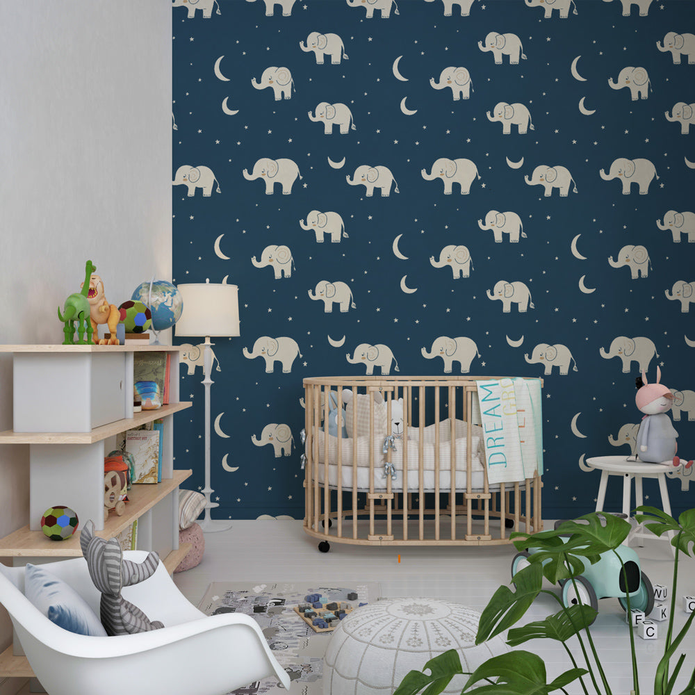 Blue elephant mural wallpaper transforming toddler room into dreamy night sky sanctuary