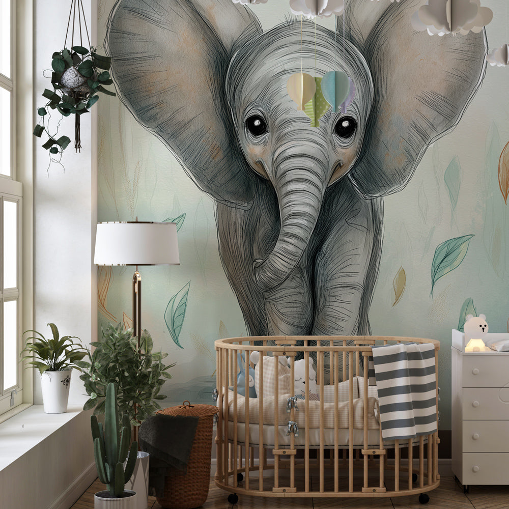 Forest elephant mural wallpaper transforming toddler room into magical woodland sanctuary