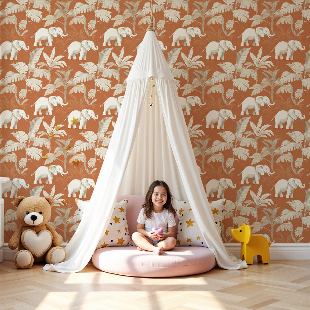 Elephant safari mural wallpaper in modern nursery with wooden crib by Kids-Mundo